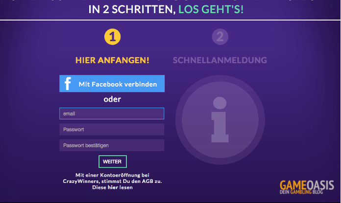 Crazy Winners Anmeldung per Facebooks