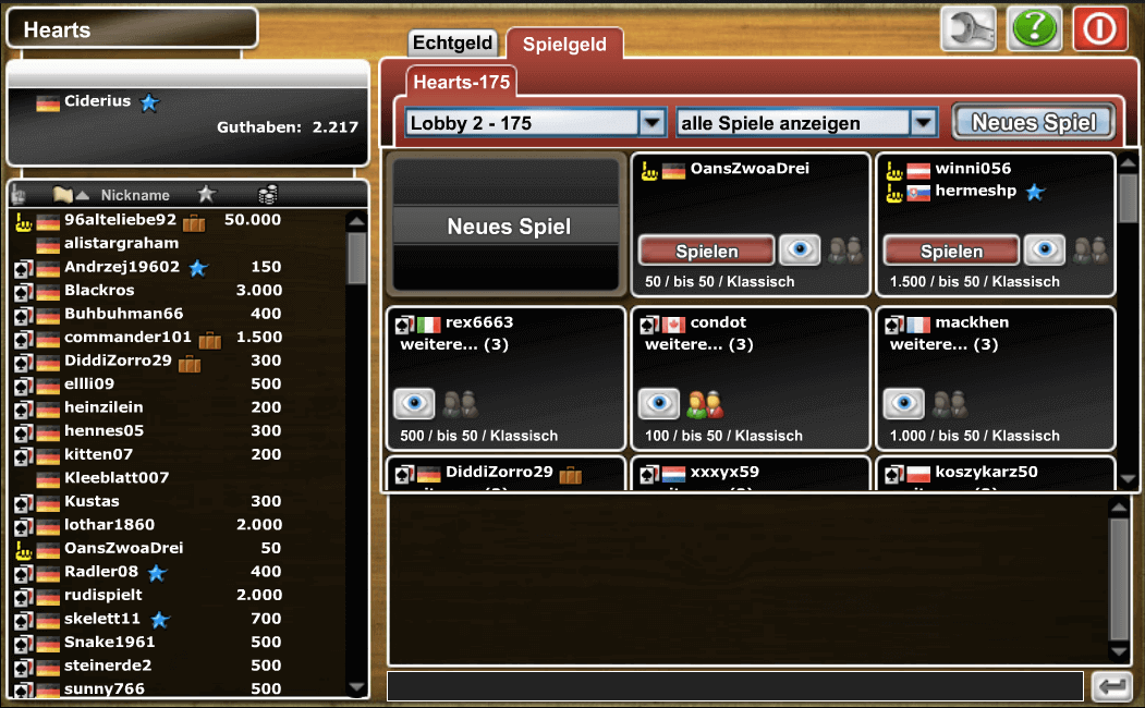Lobby bei Hearts online