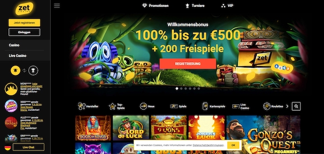 Zet Casino Webseite