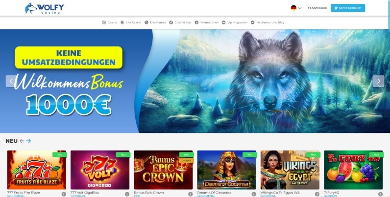 wolfy casino desktop screenshot