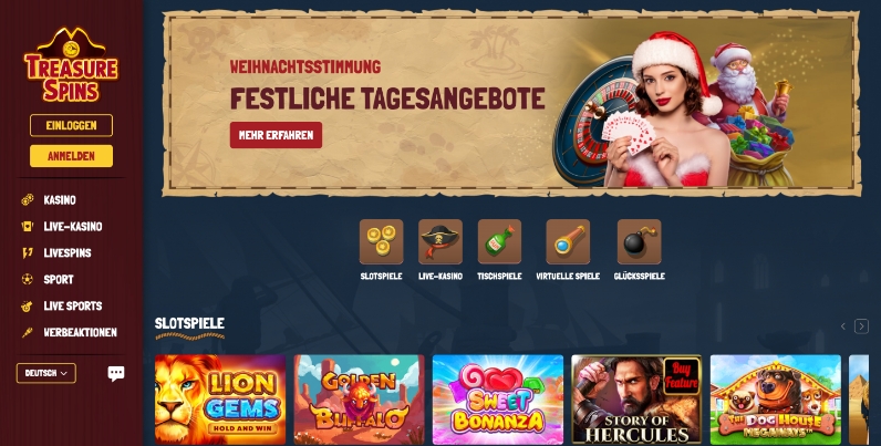 treasure spins casino desktop screenshot